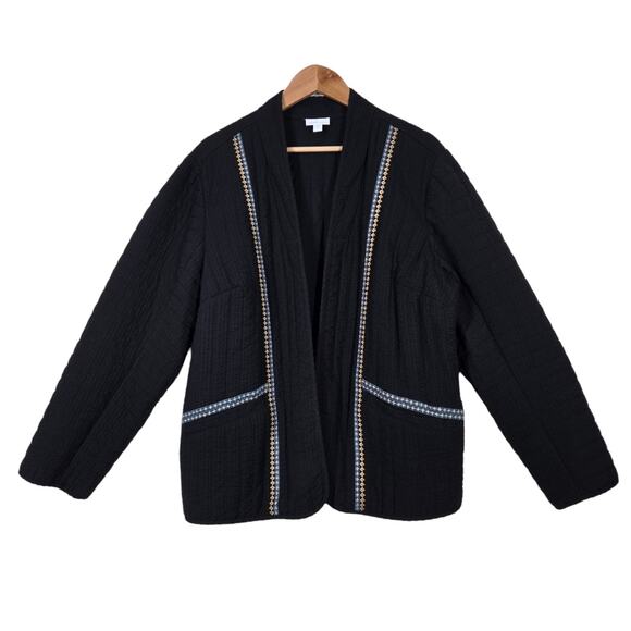 J Jill Pure Jill Seersucker Jacket Blazer XL TALL Black Open Front Embroidered - Picture 2 of 16